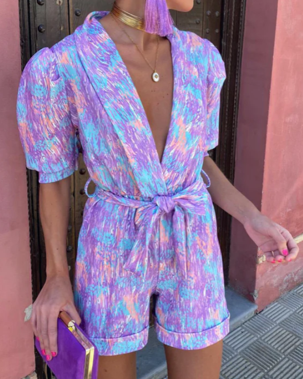 Sunny – Kleurrijke Korte Jumpsuit – Diepe V-Hals – Zomeroutfit Dames
