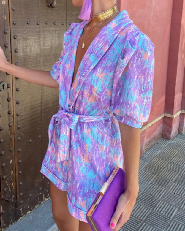 Sunny – Kleurrijke Korte Jumpsuit – Diepe V-Hals – Zomeroutfit Dames