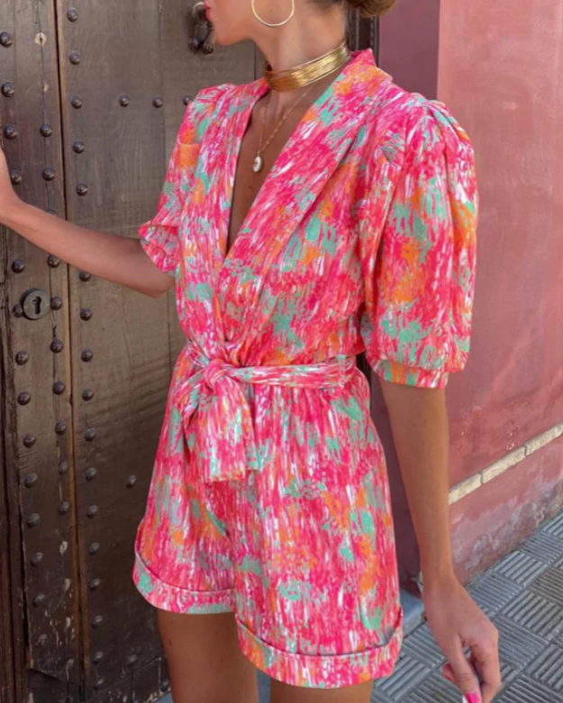Sunny – Kleurrijke Korte Jumpsuit – Diepe V-Hals – Zomeroutfit Dames
