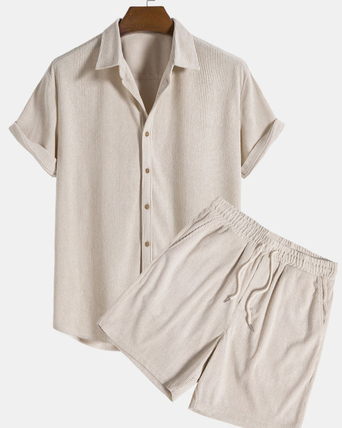 Zomer Set Heren van Zachte Corduroy met Korte Mouwen en Bijpassende Shorts – Casual en Comfortabel 1