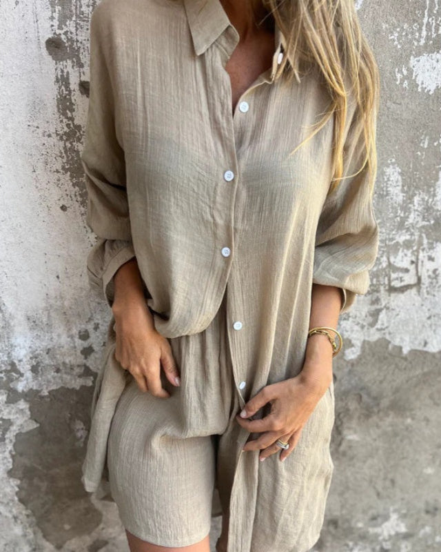 Bridgette | Casual dames set met button down shirt en comfy shorts voor warme dagen
