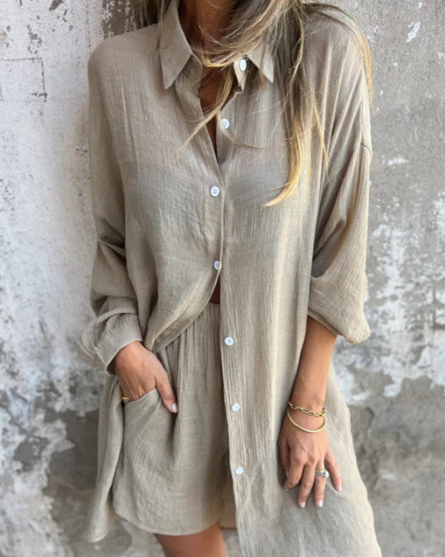 Bridgette | Casual dames set met button down shirt en comfy shorts voor warme dagen